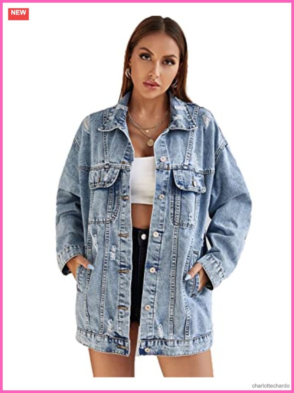 Oversize Vintage Ripped Denim Jacket Women Casual Button Up Mid Long Jean Coat
